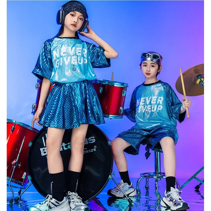 Mädchen Pailletten Hip Hop Kostüm Blau Tops Pailletten Glänzende Shorts für Jungen Kinder Jazz Kleidung Street Dance Bühne Sets