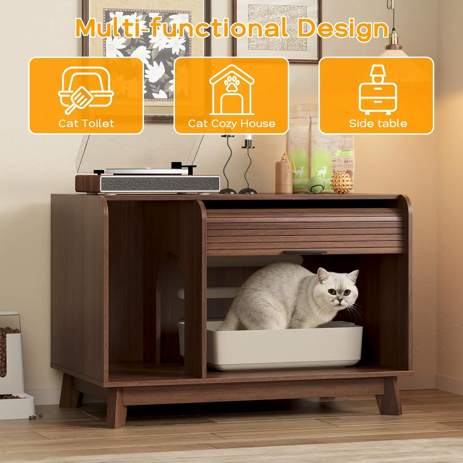 Cat Litter Box Enclosure with Sliding Door, 31.5