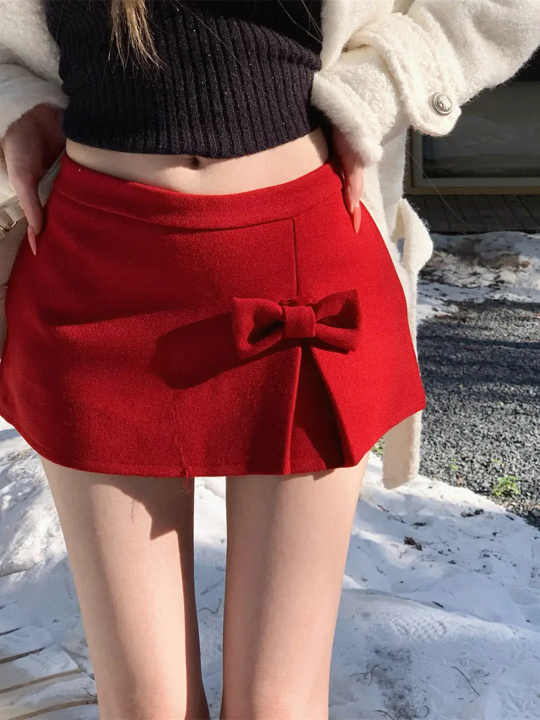 

Красная шерстяная юбка А-силуэта с завышенной талией для женщин, осенне-зимняя, маленький размер, новинка к Новому году