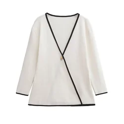 PB&ZA2024 Autumn New Women's Clothing Color Comparison Decorative Edge Double breasted White Long sleeved Coat