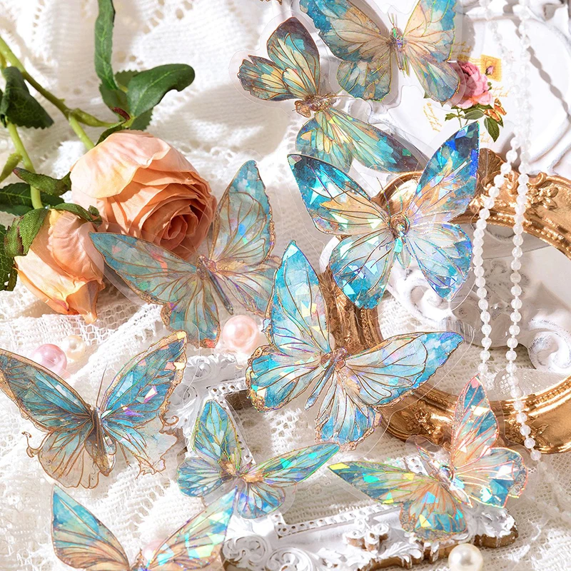 20Pcs 3D Holographic Butterfly Stickers Ice Crystals Shiny Butterflies PET Stickers For DIY Handbook Scrapbooking Label Diary