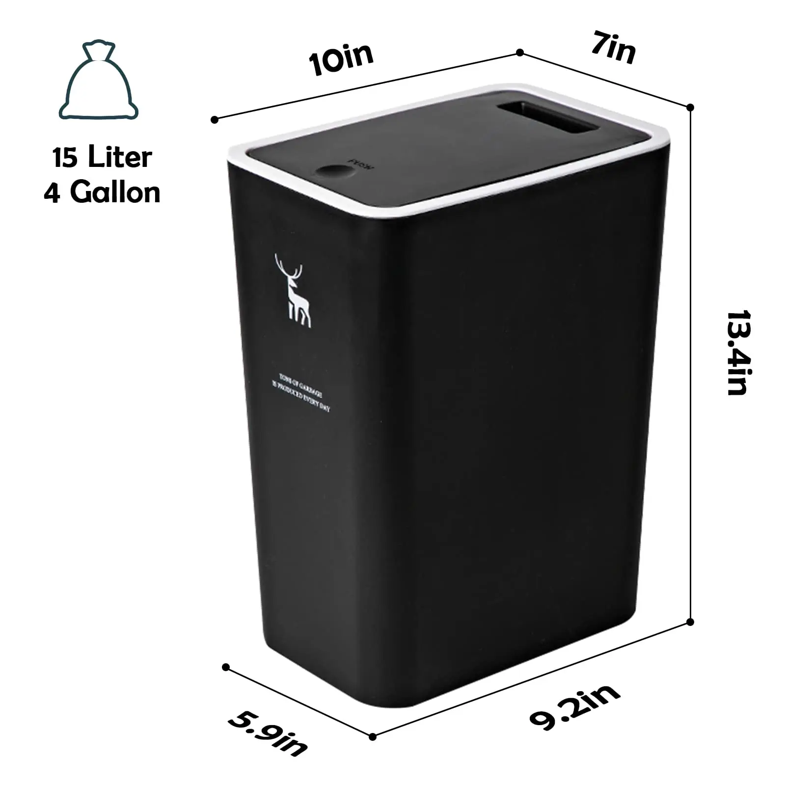 Bathroom Trash Can with Lid, 15 Liters Garbage Can with Press Top, Plastic Trash Bin, Waste Basket for Kitchen|Bedroom|Office