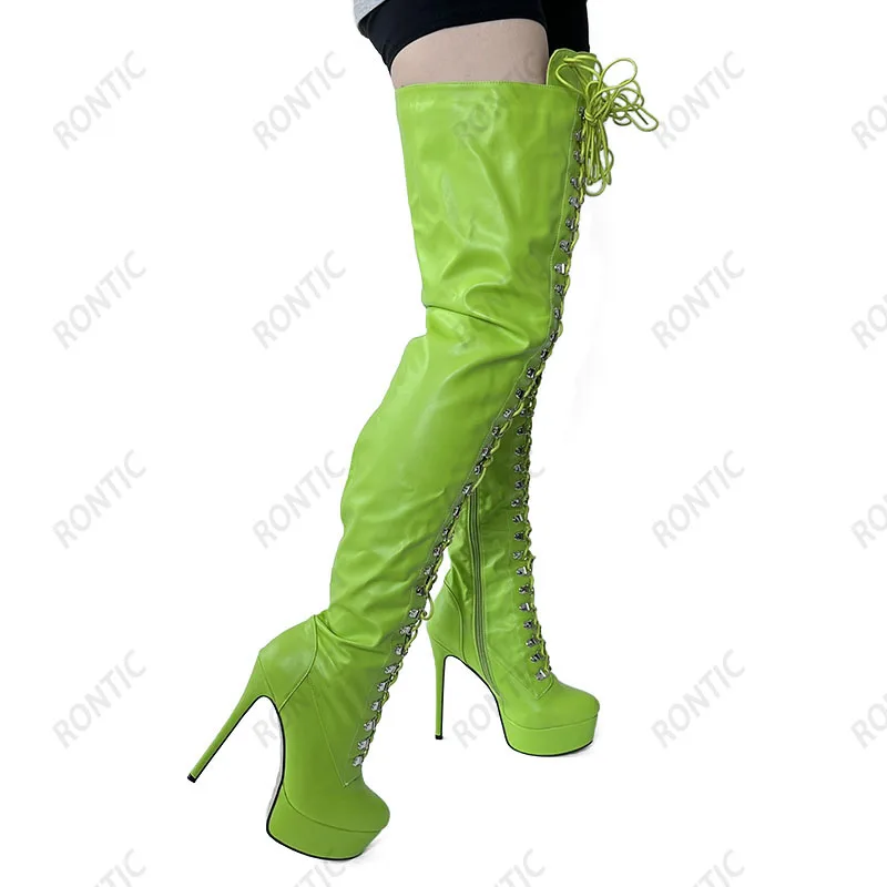 Rontic Handmade Women Winter Over The Knee Boots Stiletto Heels Round Toe Black Party Shoes Ladies US Plus Size 5-20