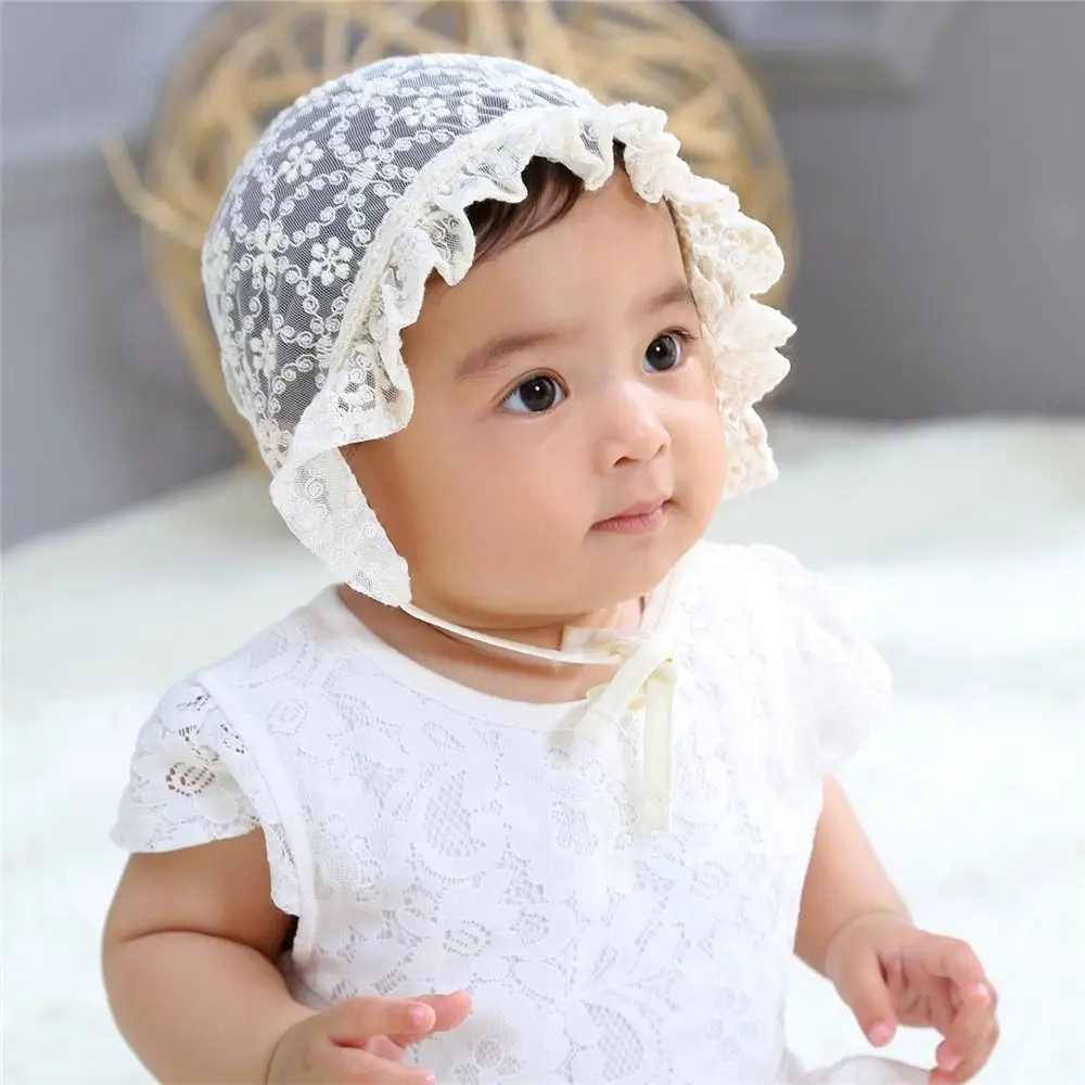 Fashion Thin Sunshade Hat Cotton Hollow Beanie Lace Flower Sweet Mesh Cap Baby