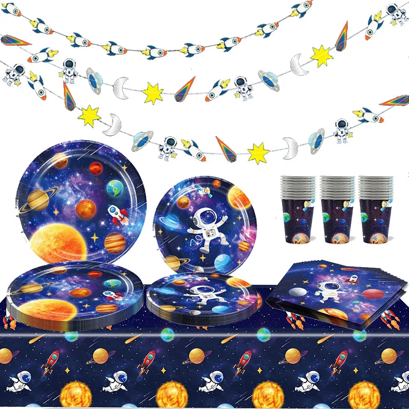 Outer Space Themed Party Decor Solar System Paper Plates,Cups,Napkins Astronaut Rockert Banner Birthday Party Supplies