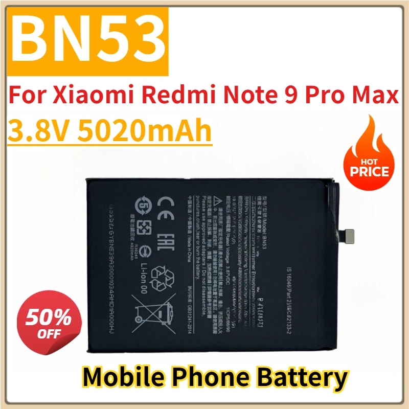 

New Replacement Mobile Phone Battery 3.8V 5020mAh BN53 for Xiaomi Redmi Note 9 Pro Max