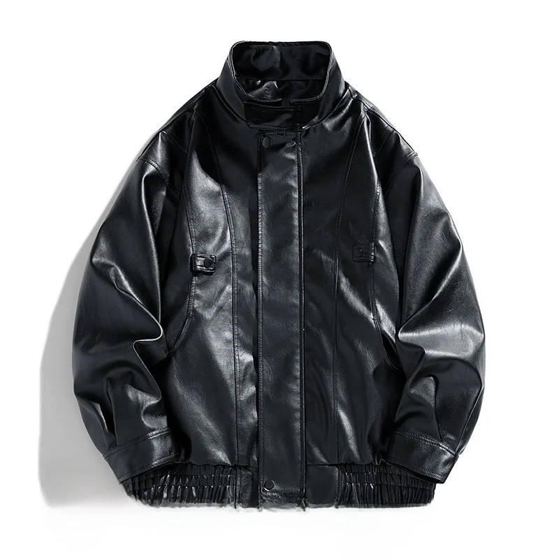 

Модная мужская куртка из искусственной кожи 2025 года с воротником-стойкой, в стиле мотоциклетной экипировки, трендовая верхняя одежда, 100% полиэстер