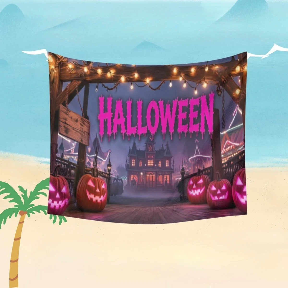 Halloween Haunted House Pink Pumpkin Print Tapestry – Spooky Festive Wall Decor for Bedrooms, Living Rooms, and Parties
