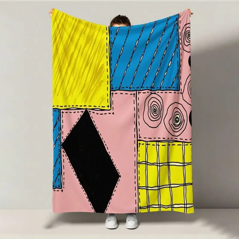 

1pc Geometric Flannel Blanket - Colorful Pattern 100% Polyester, All-Season Holiday Family Gift