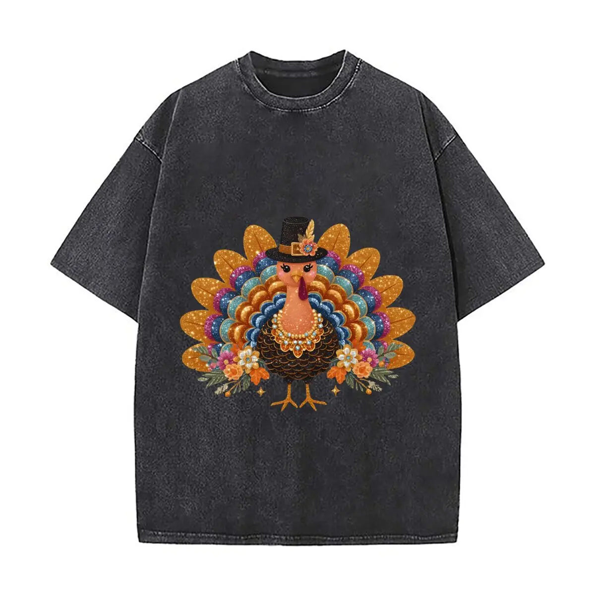 Decorated Glitter Turkey Thanksgiving Distressed Vintage Oversized Streetwear Tops for Coffee Dates