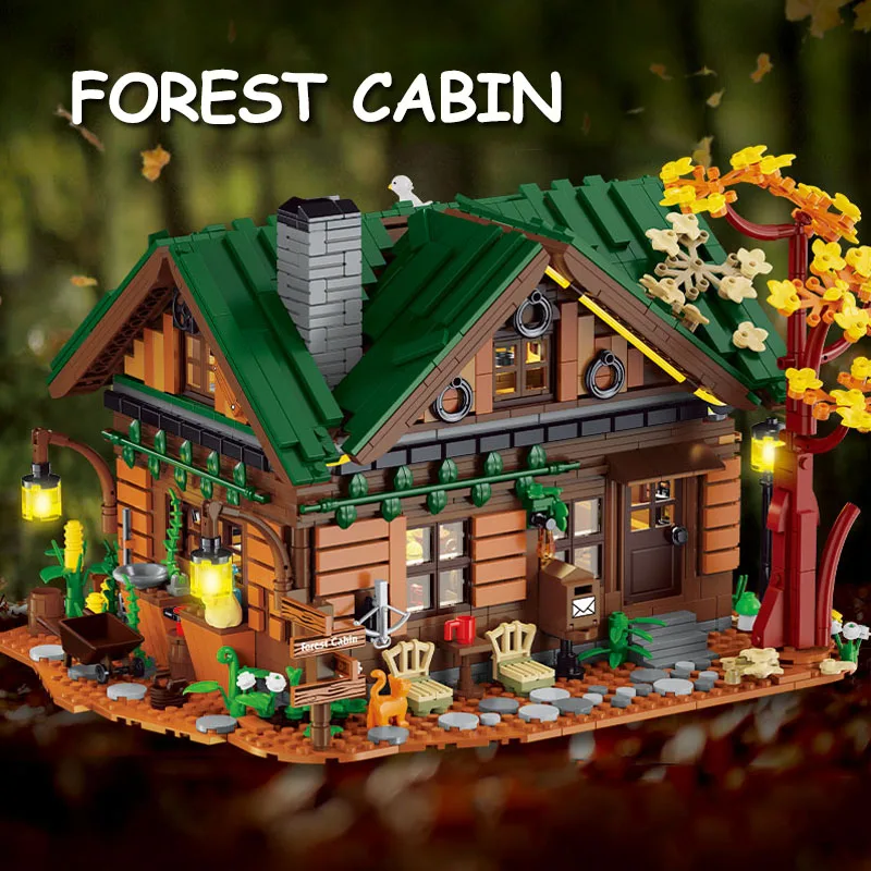 MOC Bos Houten Huis Bouwstenen Cabine Model Bakstenen Stad Street View Kinderen Speelgoed Educatief Meisjes Jongens Verjaardagscadeau