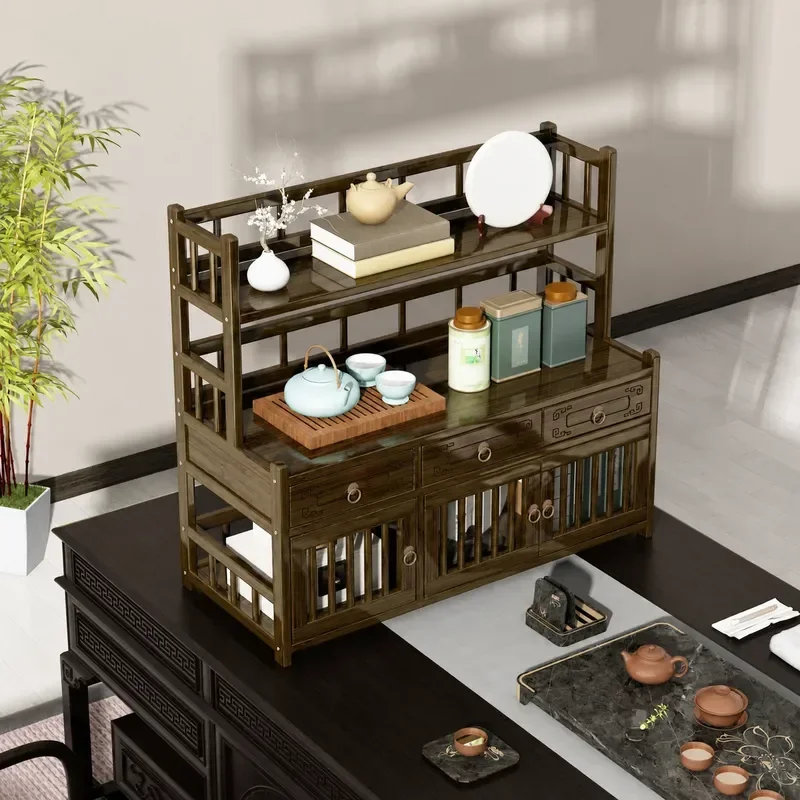 Small Solid Wood Desktop Tea Cup Rack Chinese Style Zisha Teapot Display Stand Tea Set Storage Shelf for Tea Table