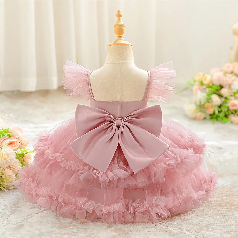 Puffy Tulle Baby Girls Wedding Princess Dress Toddler Baptism Costume Bow Infant 1st Birthday Party Dresses For Baby Girl Clothe