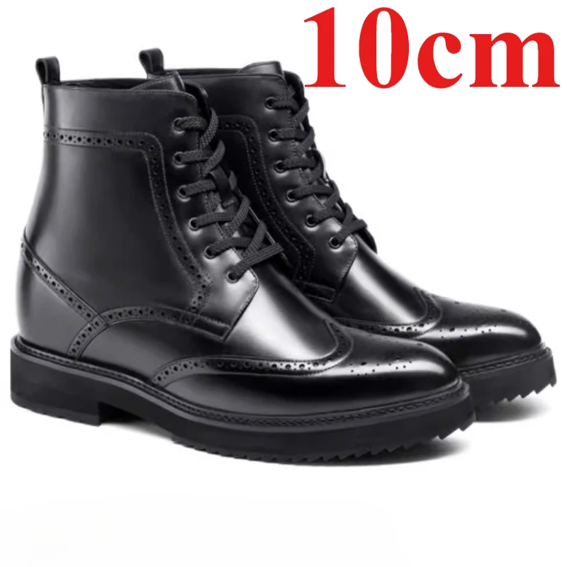 Invisible Height Increasing Shoes for Men's 10cm Elevator High Top Boots England Carved Breathable Business Dress Leather Boots
