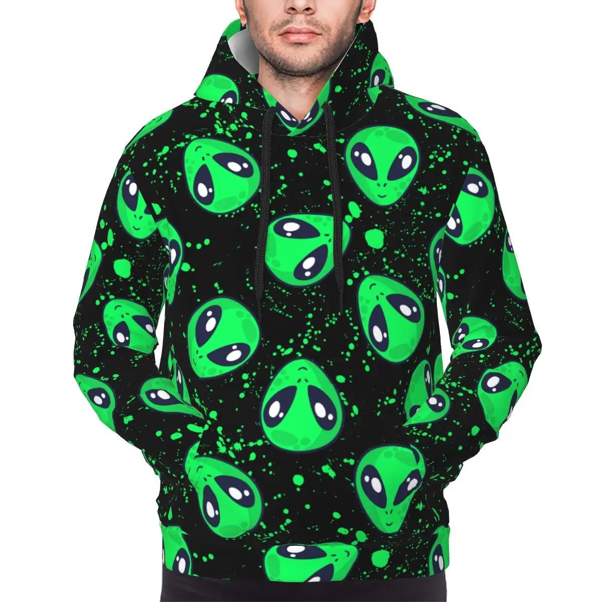 Men Women Trippy Green Alien Hoodie Hooded Collar Drawstring Hoodies Hippie Aliens Pullover Sweatshirts Long Sleeve Shirts