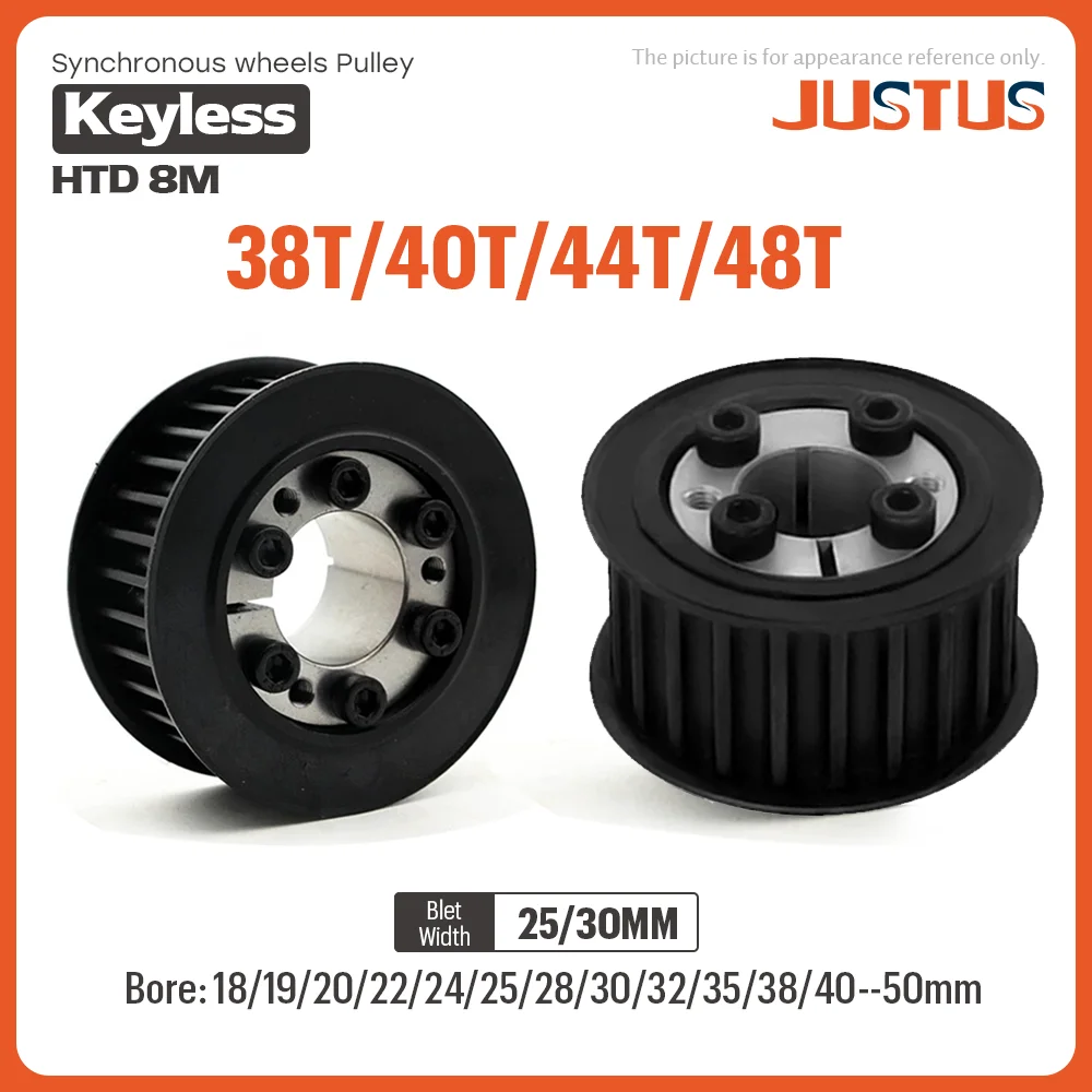 HTD8M 38T/40T/44T/48T Timing Pulley With Keyless Bushing Bore 18/19/20/22/24-50mm Steel Synchronous Wheel For Width 25/30mm Belt