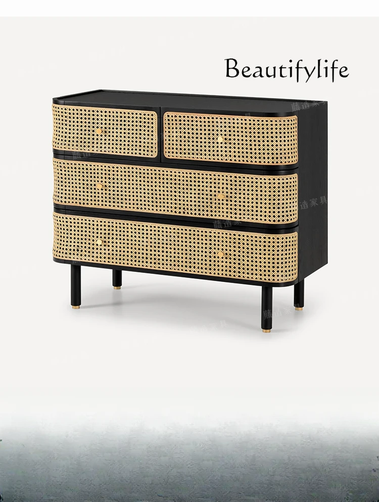 Sideboard Cabinet Nordic Solid Wood Fuguten Noodles Four-Bucket Cabinet Locker Drawer Rattan Black Storage Cabinet