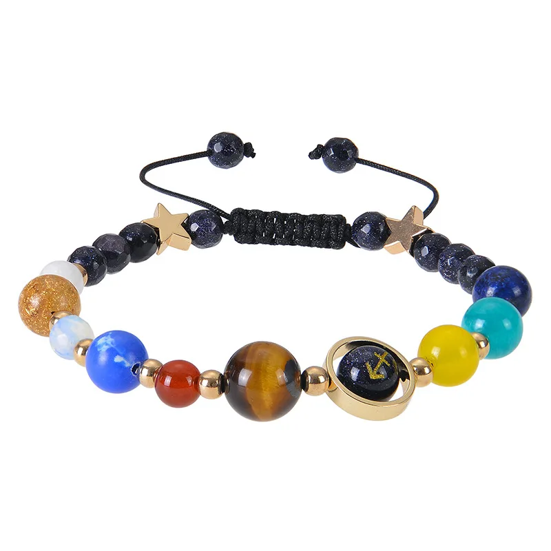 FTCY-pulsera de cuentas de 12 constelaciones para hombres y mujeres, cristal de arenisca azul, cadena de mano de piedra Natural del zodiaco de ocho planetas