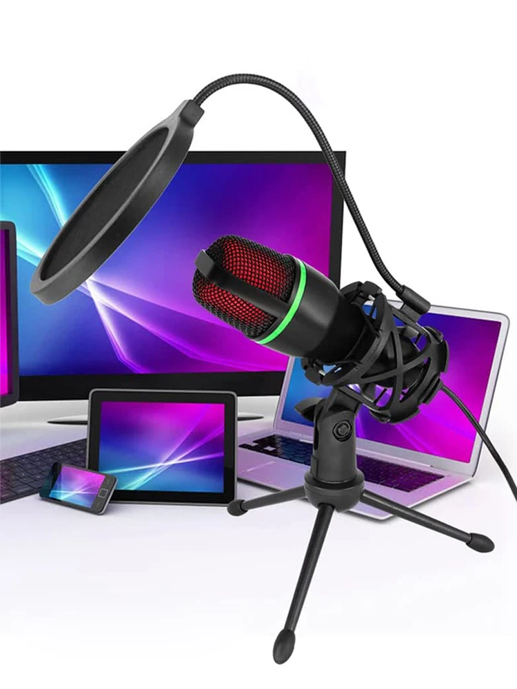 Microphone à condensateur USB filaire, pour PC, ordinateur portable, Kit d'accessoires de jeu professionnels, son de Gamer, Streaming en direct, Podcast RGB