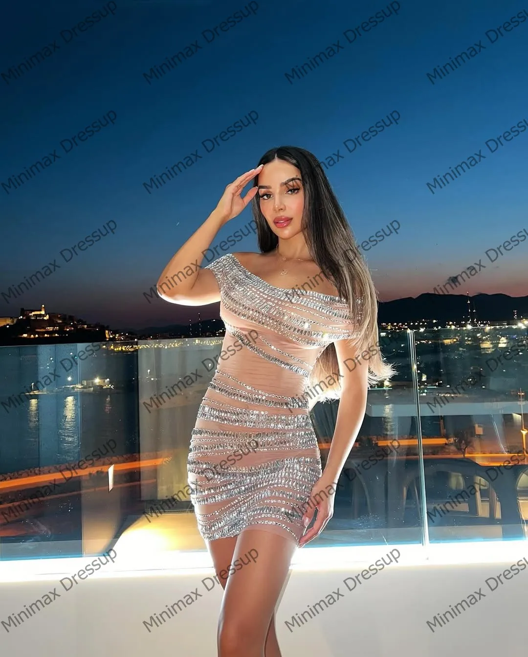 Glanzende kanten mini-cocktailjurken met pailletten voor dames Fonkelende zilveren kristallen Formele feestjurk Elegante avondjurken met mesh kralen