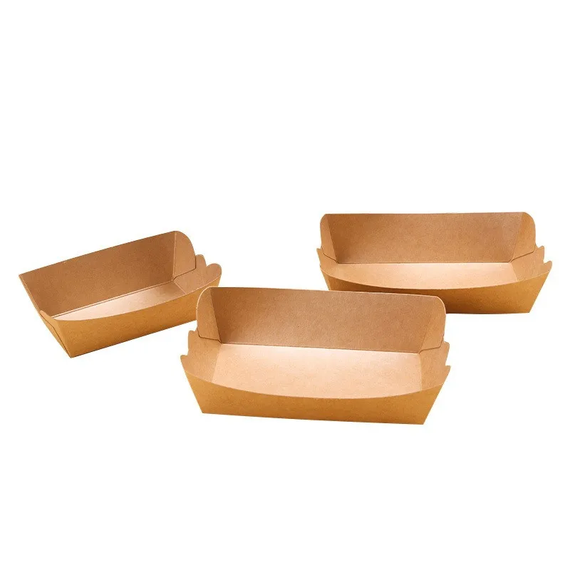 100pcs Foldable Kraft Paper Boat Shaped Trays Packing Box Holiday Disposable Plates Food Serving Packaging Supplies