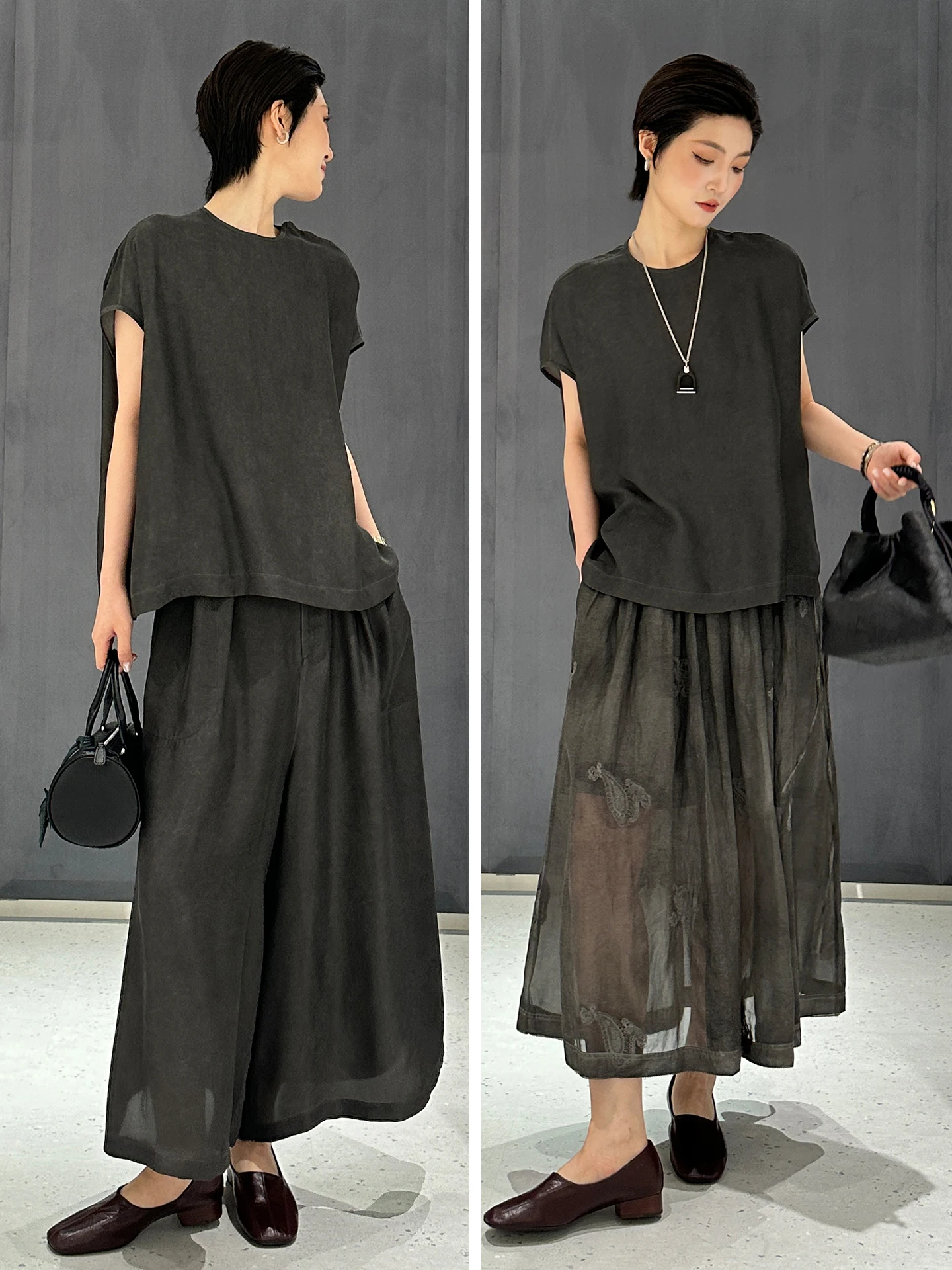 

Daguo Store Zen Series 9 Momme Sand Waed Silk Twill Top Straight Leg Pants Women's Faion Set Autumn Winter Casual Wear