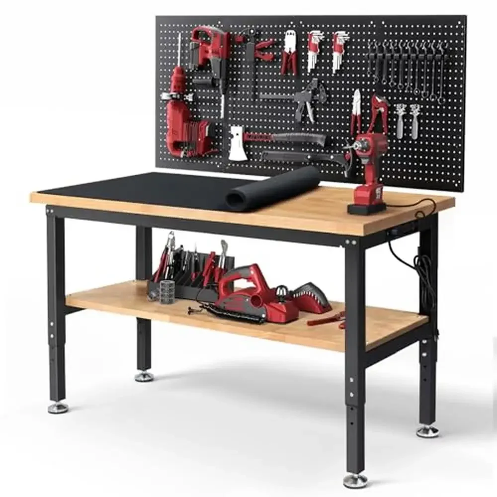 60 Inch Adjustable Height Wood Work Table with Power Outlets Pegboard Storage Garage Workbench Rubber Wood Tabletop Steel Legs