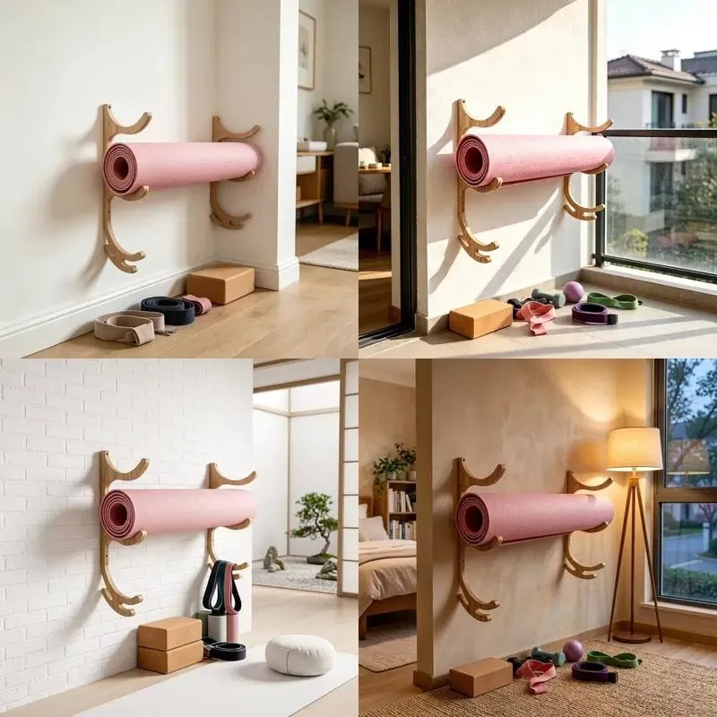 Customized Double Layer Eco Friendly Bamboo Wood Yoga Mat Rack Vertical Storage Stand with Hook for Home Gym