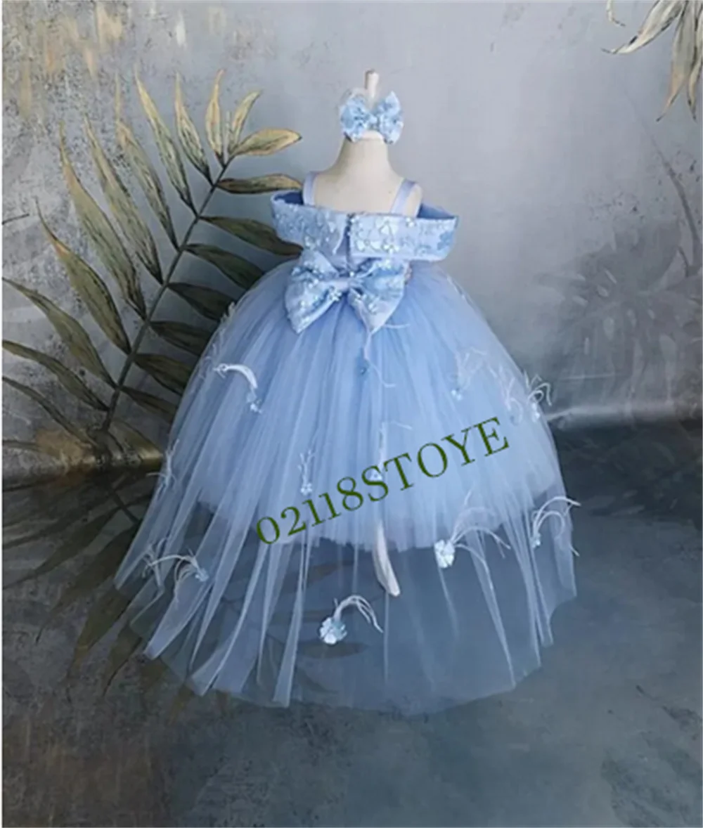 

Blue Tulle Flower Girl Dress Off the Shoulder Princess Birthday Party Gown Pageant Vesture Wedding Jr Bridesmaid Dress