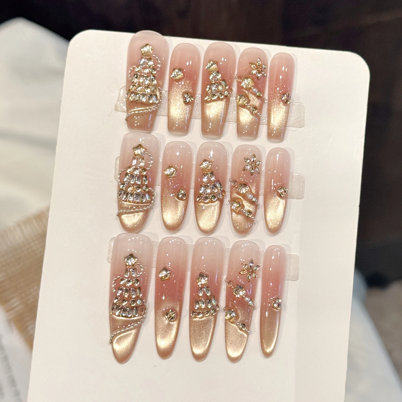 10pcs Handmade Press On Nails Gold Gradient Cat's Eye Fake Nails With Flash Diamonds Decor Elegant Glitter False Nails For Women