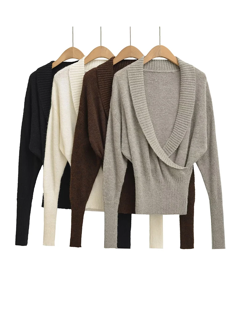 

Женский свитер с глубоким v-образным вырезом и перекрестной резинкой на талии, утягивающий вязаный пуловер, 4 цвета