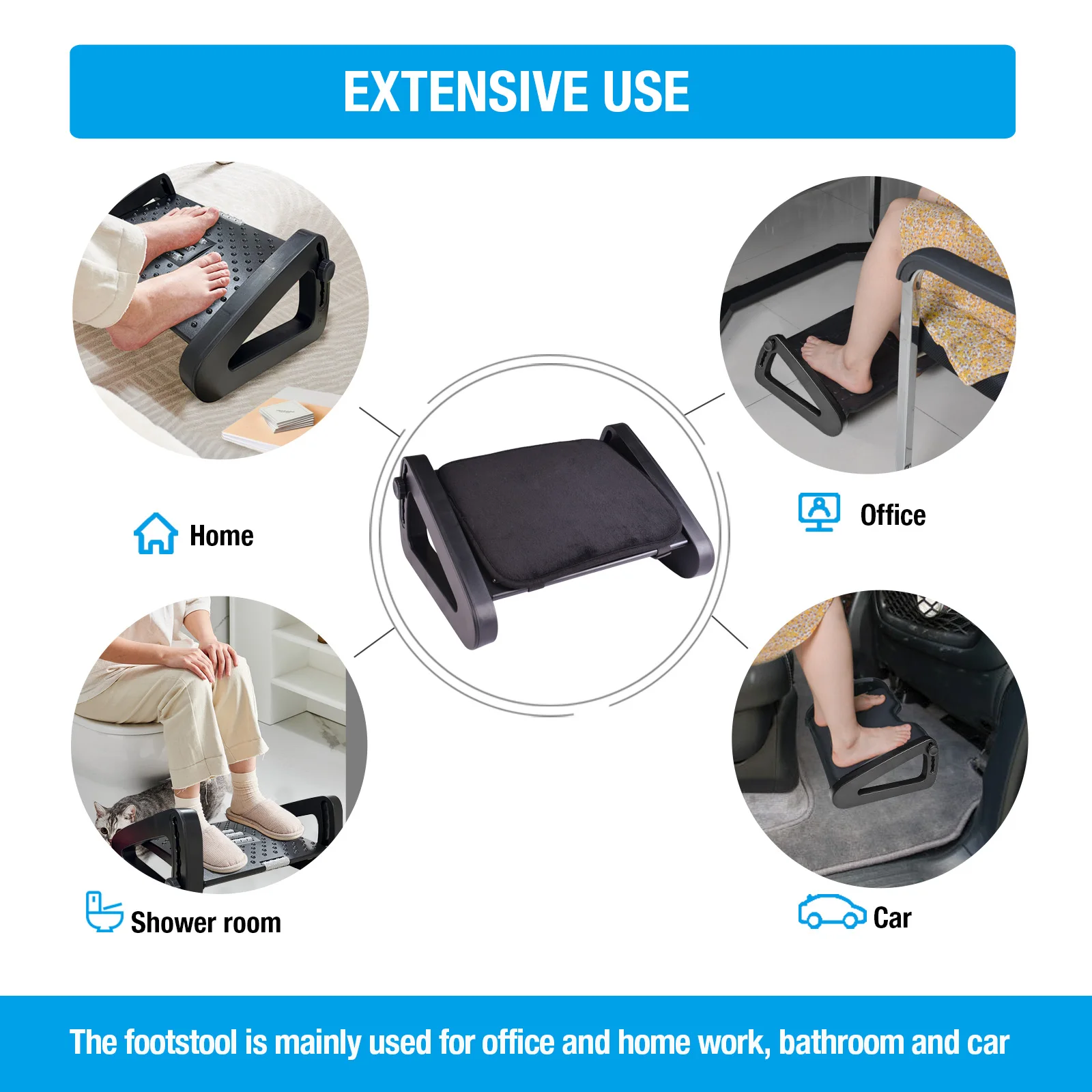 Adjustable Under Desk Footrest with Massage Surface Ergonomic 6 Height Position Foot Stool with Firm Non-Slip Legs Home Office