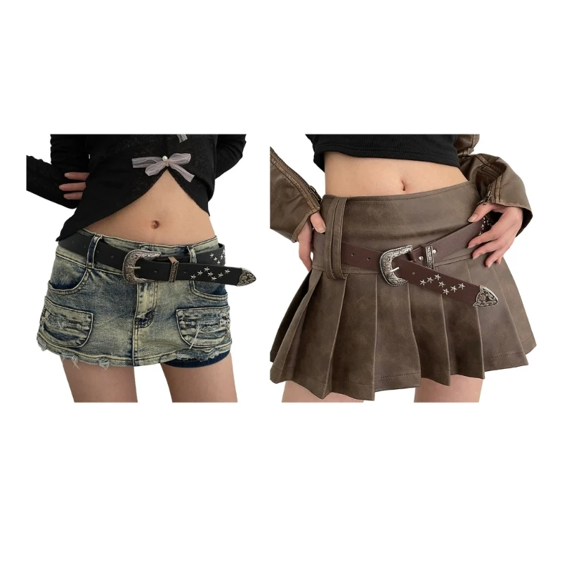 

MXMB Harajuku PU Waist Belt with Carved Floral Buckle for Women Jeans Skirt Decors
