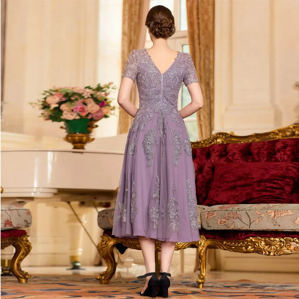 Customized Tulle Mother of the Bride Dresses Classic Appliques Short Sleeve A-line Tea-Length Wedding Guest Evening Gowns