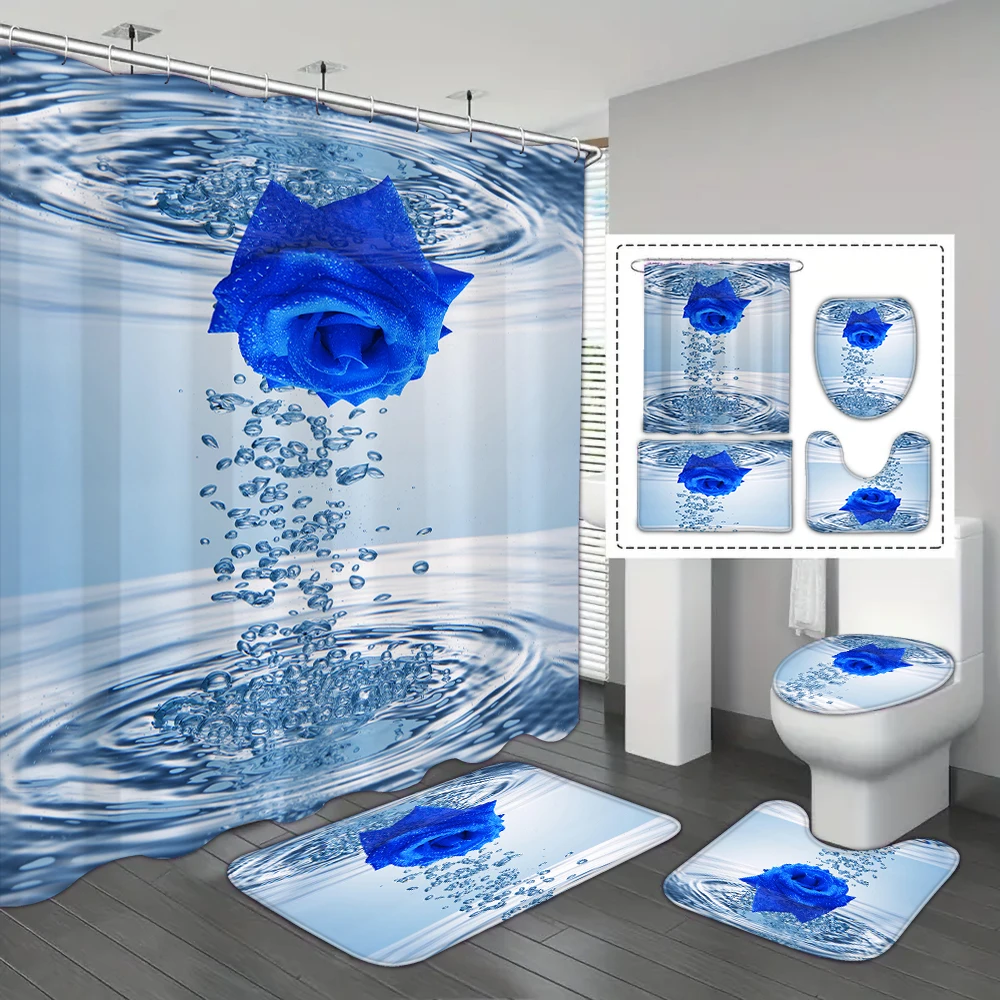 4-piece set of water blue rose printed 12 hook waterproof shower curtain, bathroom floor mat, U-shaped mat, toilet O cover mat