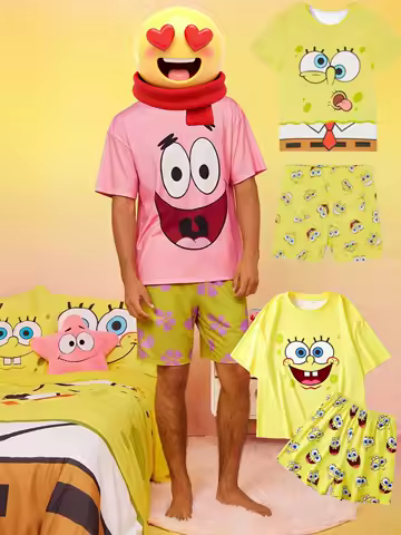 SpongeBob and Patrick Adult and Kids Parent-Child Couple Pajama Set, Funny 3D Print Family Loungewear