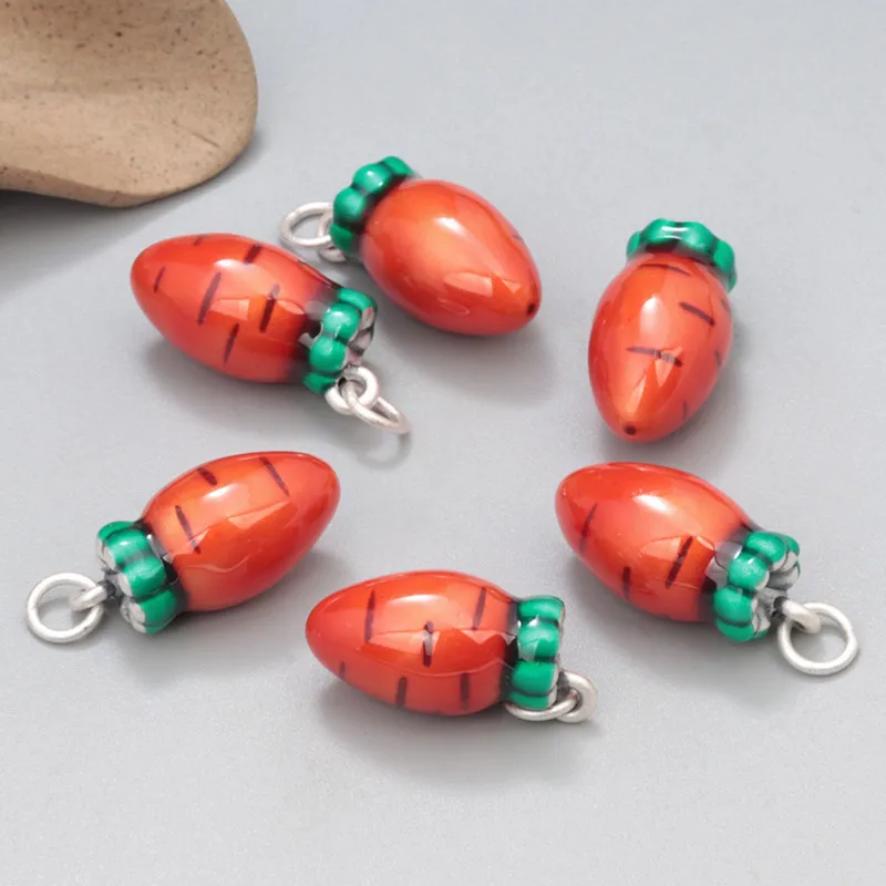 Chinese Style 999 Silver Red Enamel Radish Carrot Pendant for Bracelet Necklace Ethnic DIY Hand Beaded Material Jewelry Making