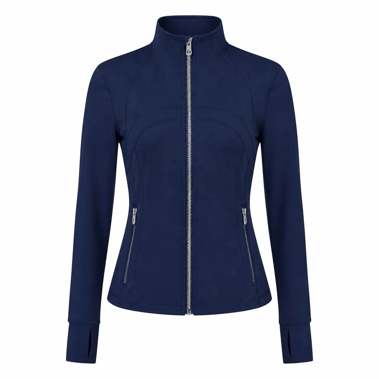 Women's Navy Blue Slim Fit Full Zip Sports Jacket Stand Collar Long Sleeve Running Yoga Workout Outerwear Style P005
