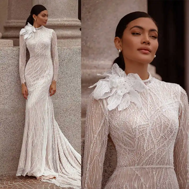 

Роскошное платье русалки Свадебные платья с полной аппликацией и открытой спиной Кружевные платья для особых случаев Vestido De Noiva по индивидуальному заказу