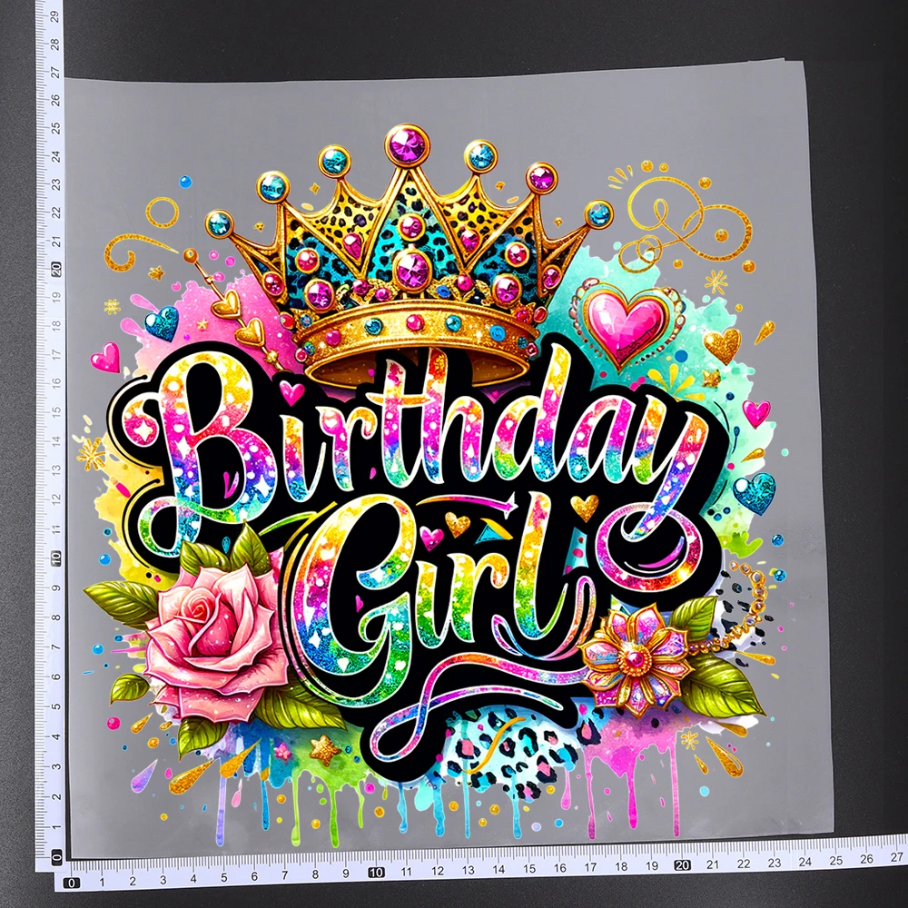 25CM Colorful Flower Happy Birthday Crown Heat Transfer Patches For Clothes DIY A-Level Washable Shirt Iron-on Thermal Stickers