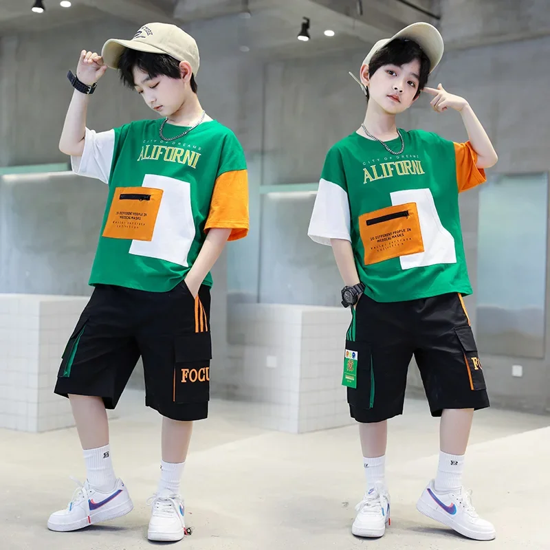 2024 summer Teenager Boys Clothes Casual Outfit Kids Tracksuit Child t shirt + shorts hot pant 4 5 6 7 8 9 10 12 11 13 14 Year