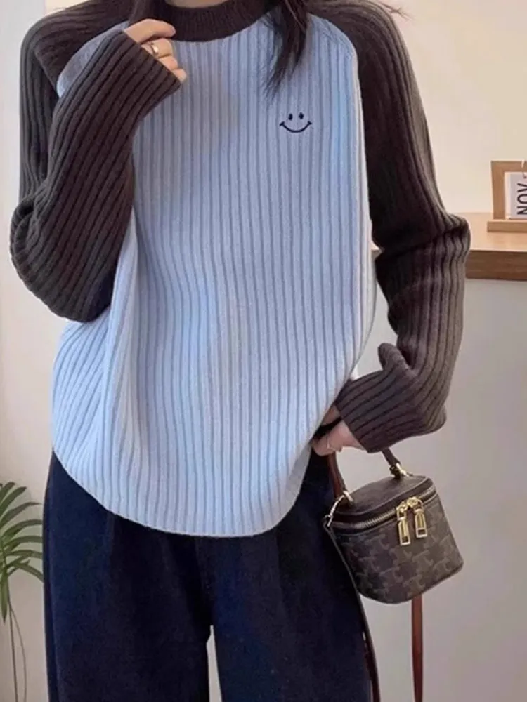 

Comfortable Knitted Long Sleeve Sweater Casual Age-Defying Design Trendy Commute Style Korean Version Color Block Top