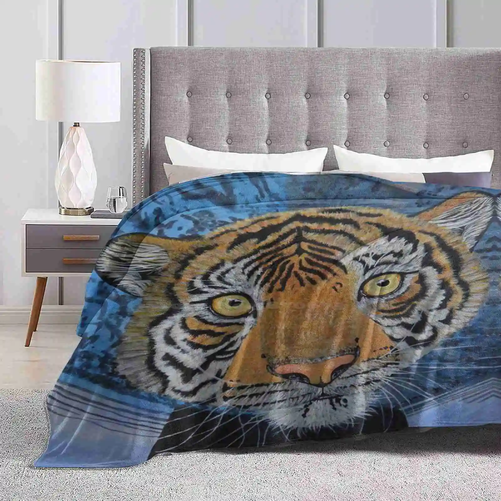 Swimming Tiger Shaggy Throw Soft Warm Blanket Sofa/Bed/Travel Love Gifts Tiger Floating Water Acrylic Painted Dear Hearted Head