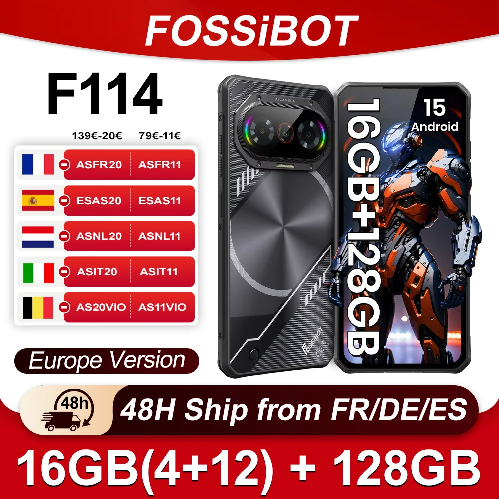 Fossibot F114 Android 15 téléphone robuste Ultra-mince 16GB(4 +12) 128GB 50MP + 8MP + 2MP caméra 5000mAh 18W 6.67 ''HD + écran Smartphone
