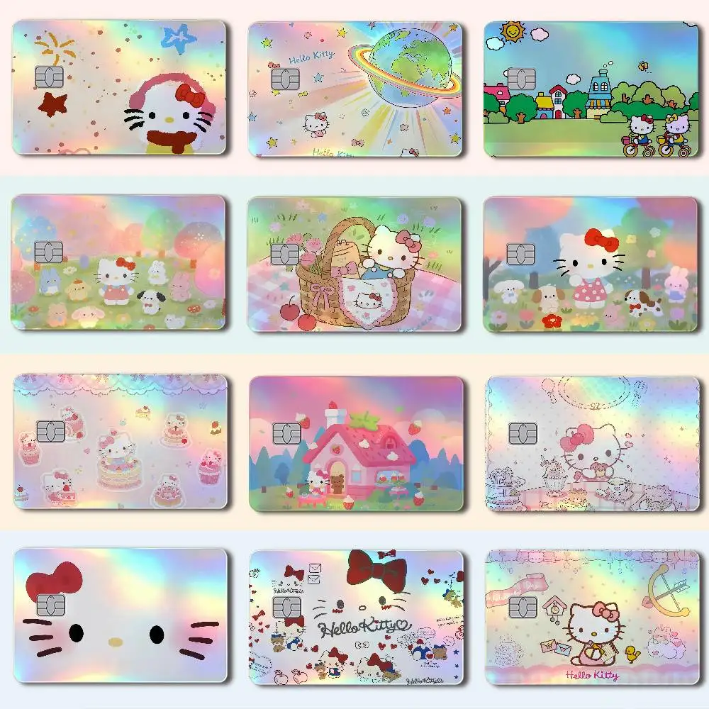 H-Hello Kitty Laser-Holografischer Karten-Skin-Aufkleber für Kredit- und Debitkarten – 4 Stück/Set, wasserfester, kratzfester Schutz