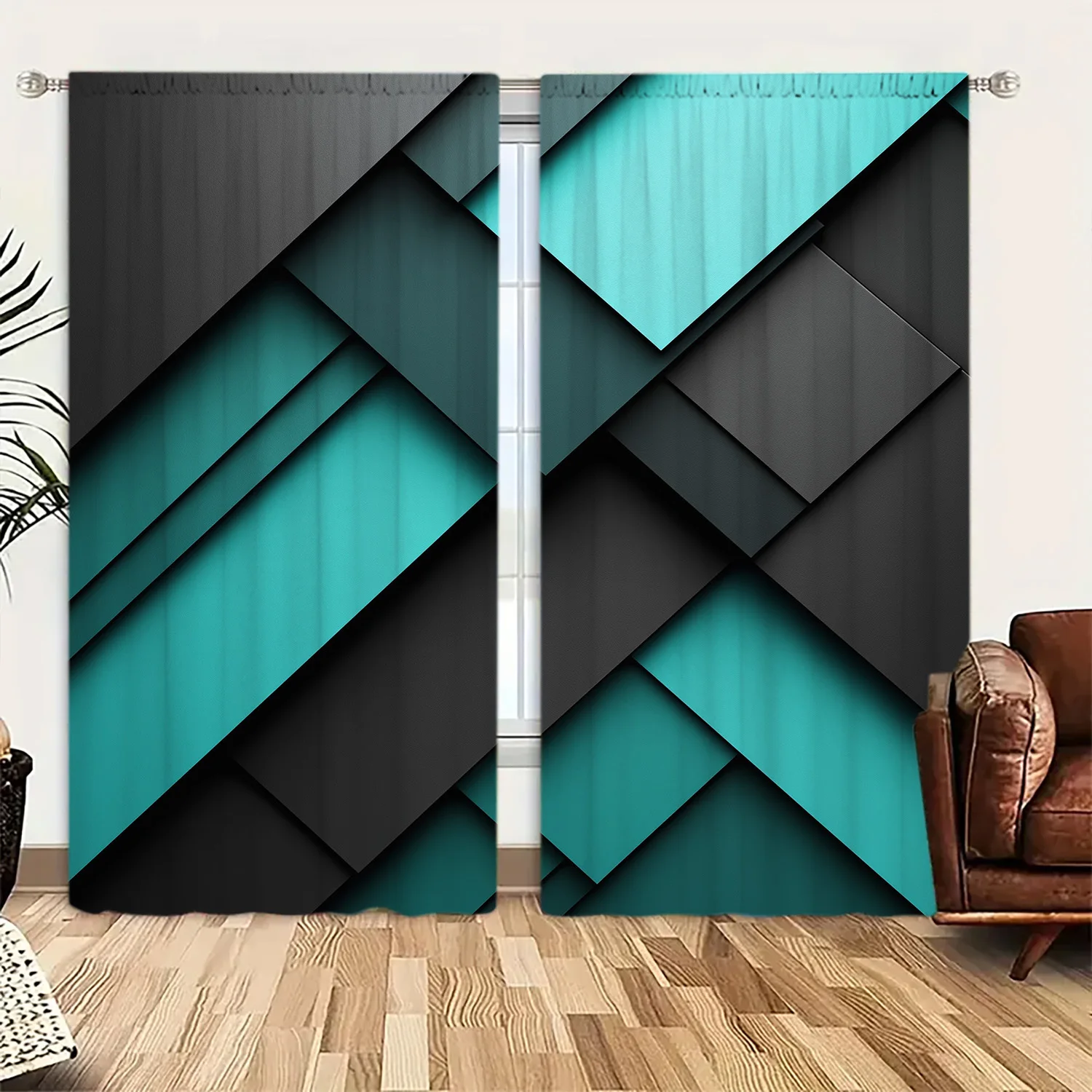 2pcs Classic Blue-Green Geometric Pattern Curtains, Semi-Sheer Polyester Rod Pocket Window Drapes for Bedroom, Office, Living