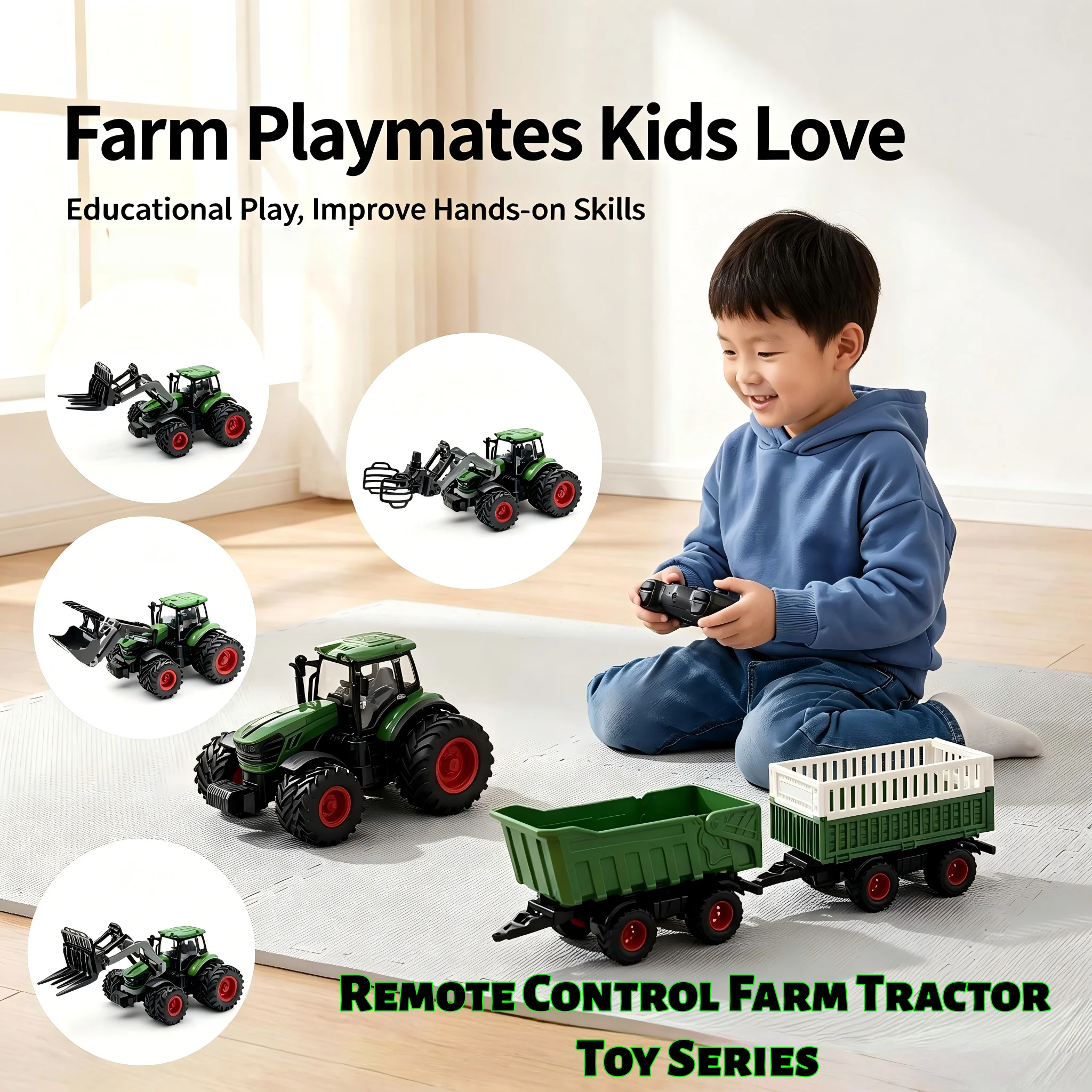 RC Farm Tractor Toy with Trailer & Attachments - Kids Remote Control Farmer Vehicle with Farm Animal Playset