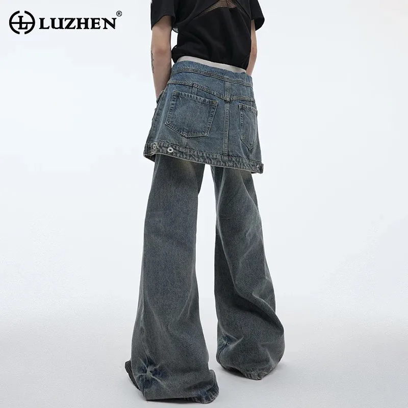 

LUZHEN Stylish Personalized Pockets Hemline Design Horn Jeans Men's 2024 New Fashion Original Street Loose Denim Pants LZ3962