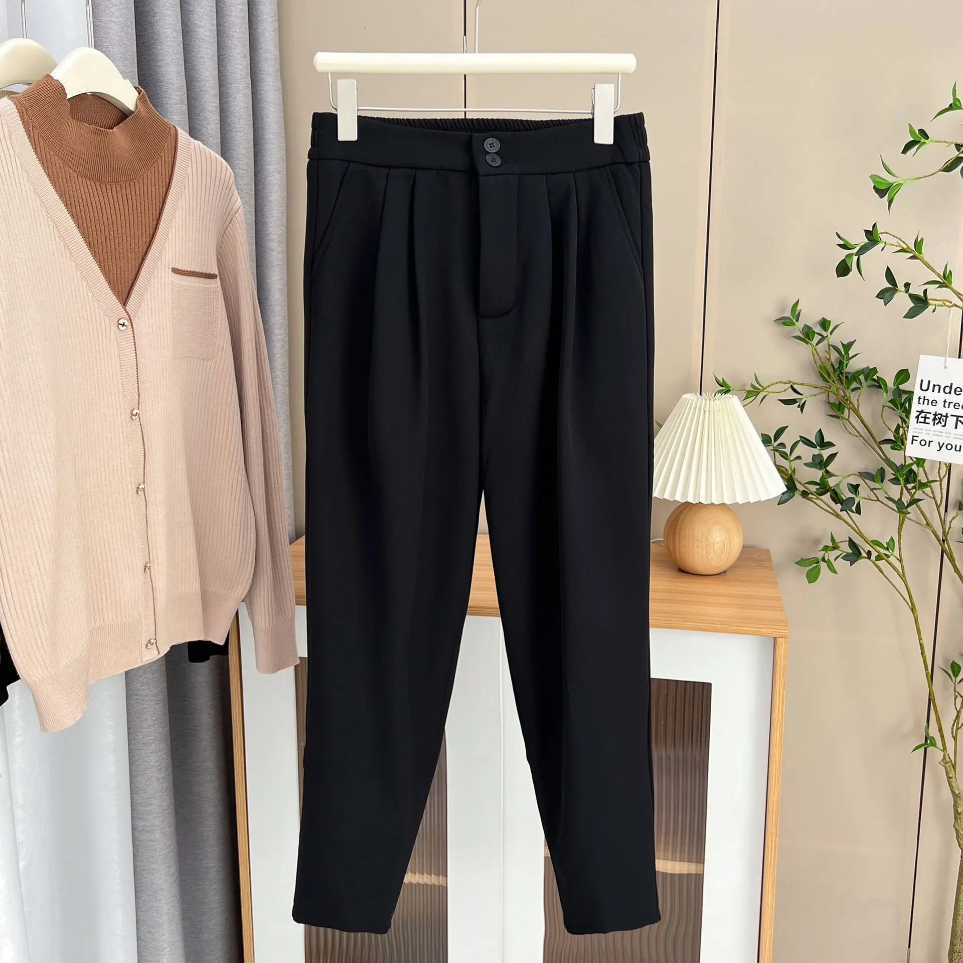 Autumn And Winter 100KG Solid Color Fleece-lined Suit Pants Plus Size Women's Casual High Waist Warm Ankle-length Trousers 1421