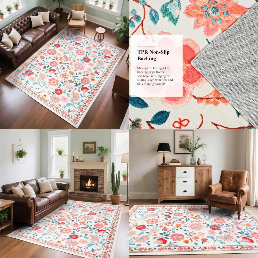 

Коврик с цветочным рисунком 5x8, коврик, который можно стирать в машине, нескользящий ковер с низким ворсом для гостиной, спальни, фермерского дома, столовой, бежевый